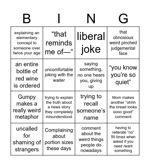 family dinner bingo Card