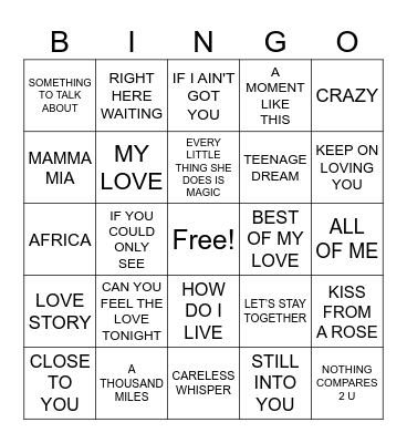 Love Songs R2 Bingo Card