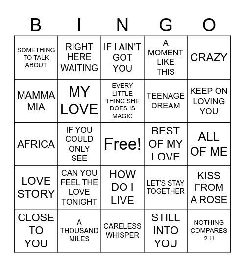Love Songs R2 Bingo Card