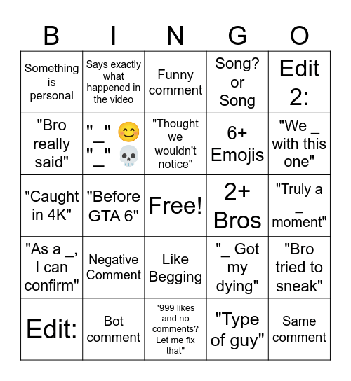 Youtube Shorts Comments Bingo Card