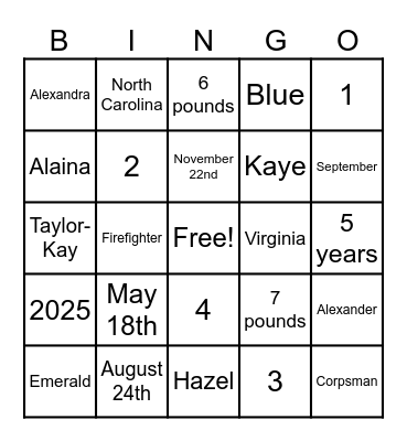 Baby Shower Bingo Card