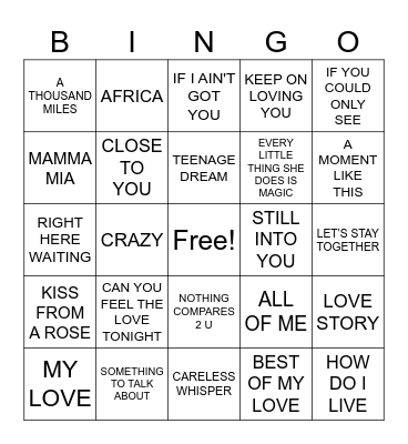 Love Songs R2 Bingo Card