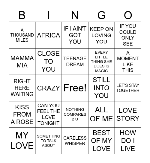 Love Songs R2 Bingo Card