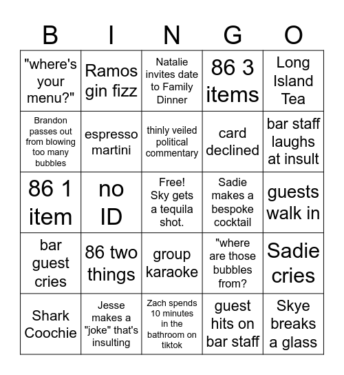 Sadie's Last Day Bingo Card