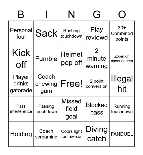 Superbowl Bingo Card