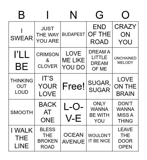 Love Songs R3 Bingo Card