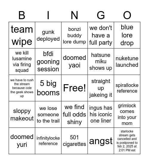 Starlocke Bingo Card