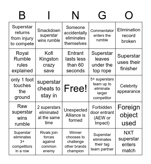 Royal Rumble Bingo Card