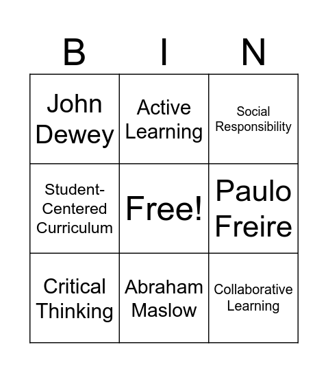 Progressivism and Humanism Bingo Card