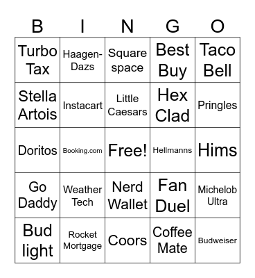 Superbowl Commercial Bingo Card