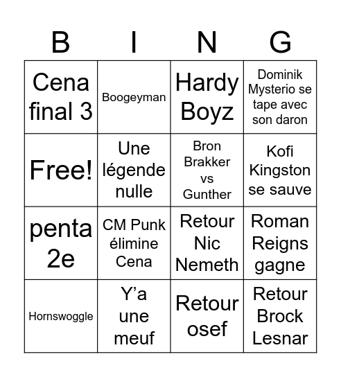 Royal Rumble Bingo Card