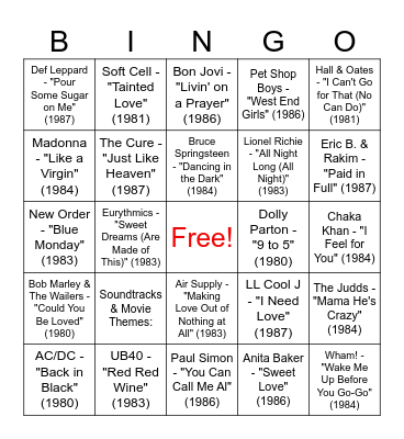 Music Bingo - Pub 72 - Top 75 1980's Songs Bingo Card