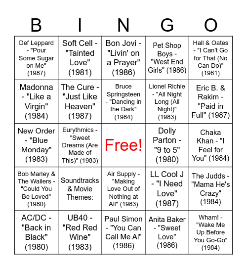 Music Bingo - Pub 72 - Top 75 1980's Songs Bingo Card