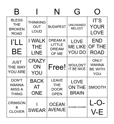 Love Songs R3 Bingo Card