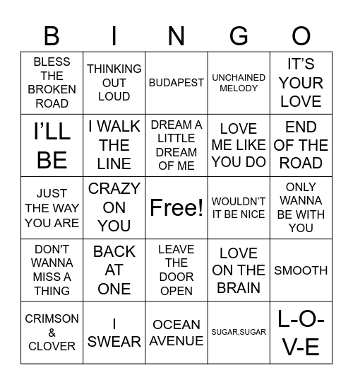 Love Songs R3 Bingo Card