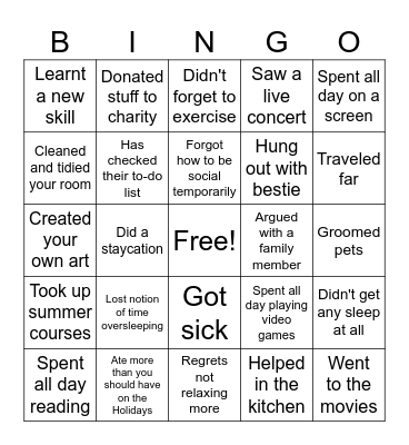 Vacation Bingo Card