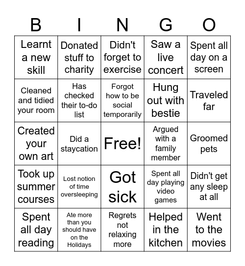Vacation Bingo Card