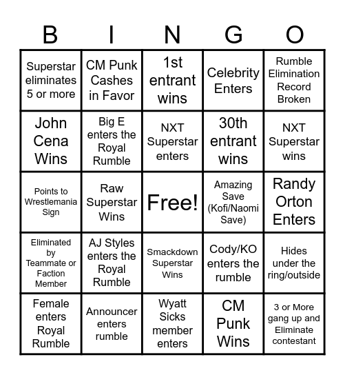 Men's Royal Rumble Bingo Card