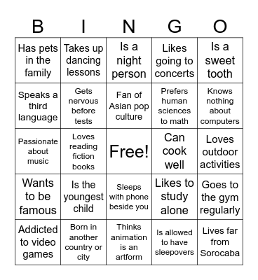 Getting to know you II Bingo Card