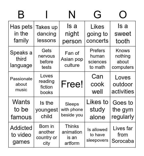 Getting to know you II Bingo Card