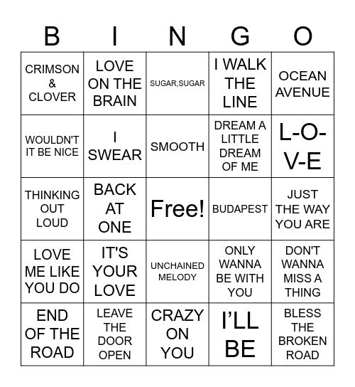 Love Songs R3 Bingo Card