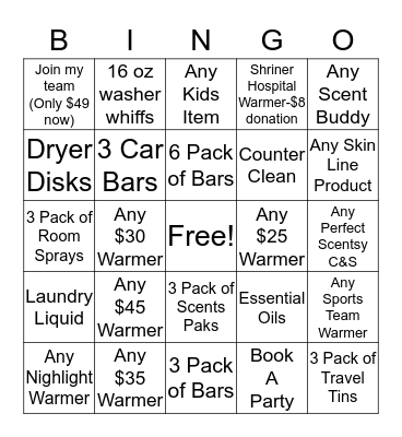 Scentsy Bingo Card