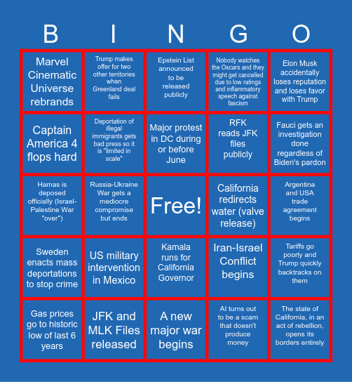 Cynical 2025 Predictions Bingo Card