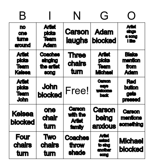 The Voice Bingo Card