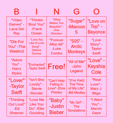 Love Song Bingo Card
