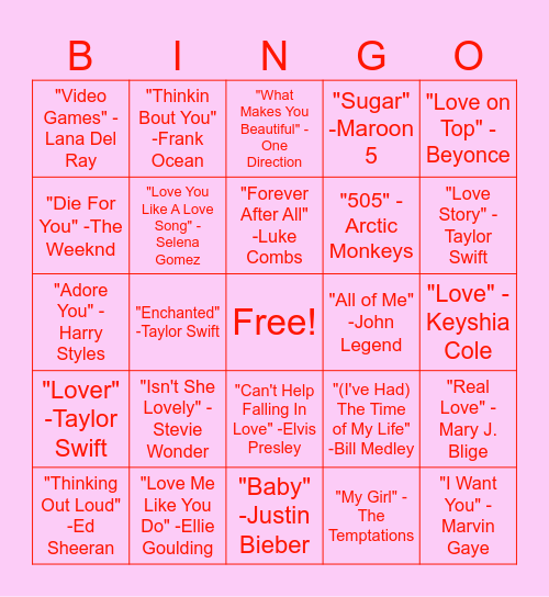 Love Song Bingo Card