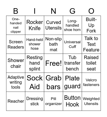 OT Adaptive Equipment/DME Bingo Card