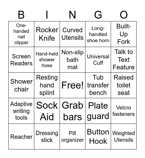 OT Adaptive Equipment/DME Bingo Card