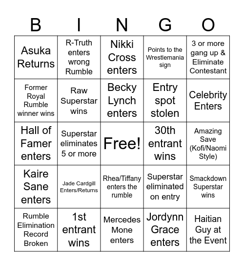 Women's Royal Rumble 2025 Bingo Card