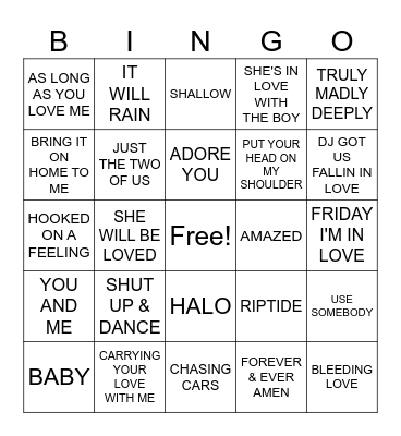 Love Songs R4 Bingo Card