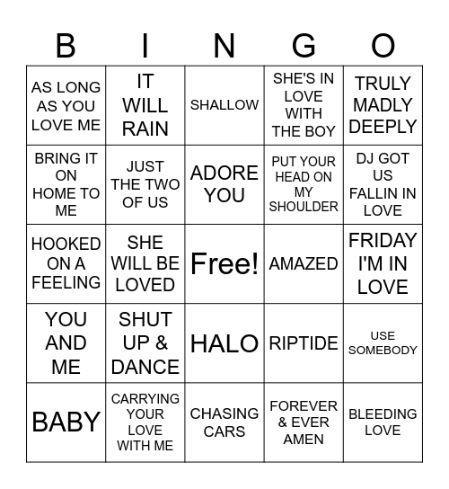 Love Songs R4 Bingo Card
