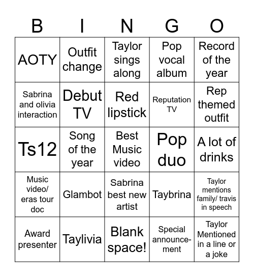 67th Grammys! Bingo Card