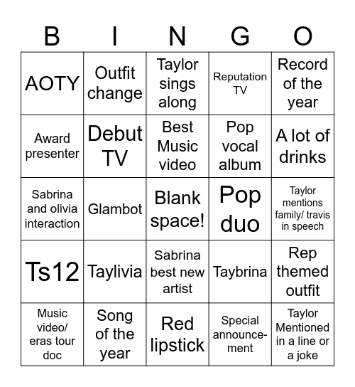 67th Grammys! Bingo Card