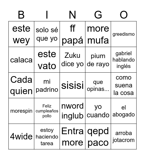 Frases TCMX Bingo Card