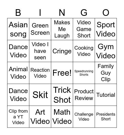 YT Shorts Bingo Card