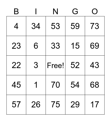 Number 1-75 Bingo Card