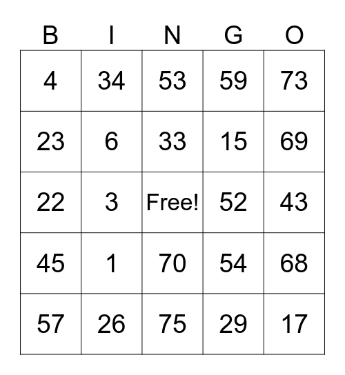 Number 1-75 Bingo Card