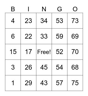 Number 1-75 Bingo Card