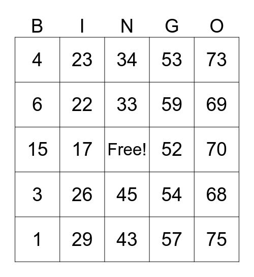 Number 1-75 Bingo Card