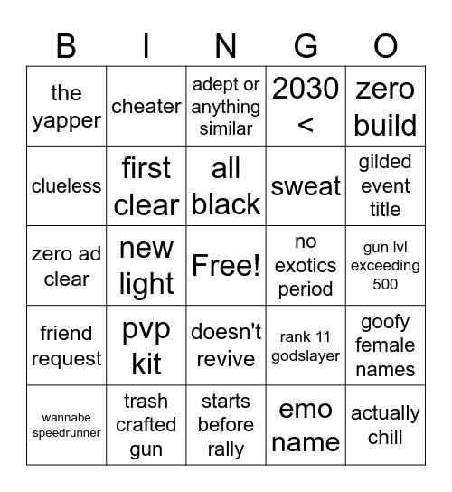 Fireteam Finder Bingo Card