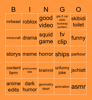 yt shorts bingo Card
