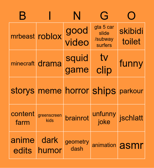 yt shorts bingo Card