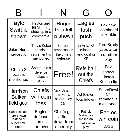 Super Bowl LIX Bingo Card Bingo Card