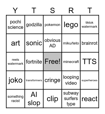 YouTube Shorts Bingo Card