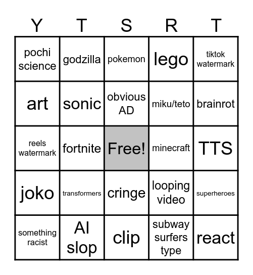 YouTube Shorts Bingo Card