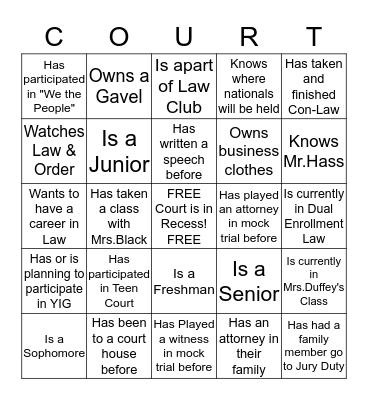 Mock Trial Team  Bingo Card